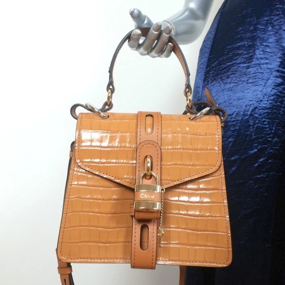 Chloe Small Aby Day Bag Autumnal Brown Croc-Embossed Leather Crossbody Tote NEW - Picture 2 of 12